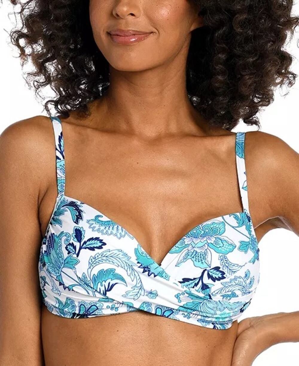 La Blanca Santorini Blue White Floral Print Wrap V-Neck Bikini Swim Top Size 12